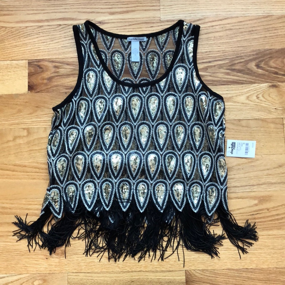 Gold Sequin top with fringe. NWT
